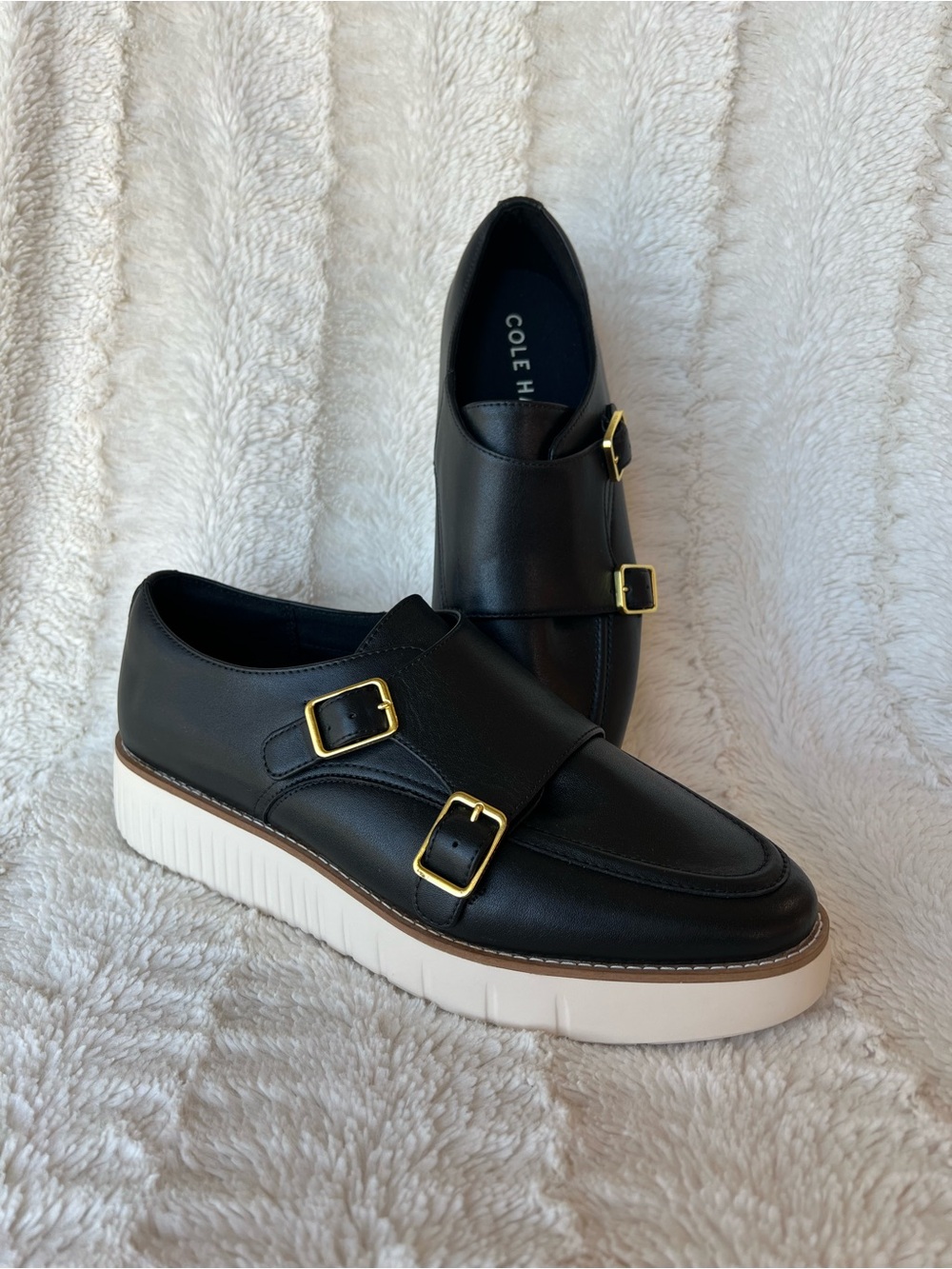 Cole Haan Black Leather Double Monk-Strap Loafers with Gold Buckles